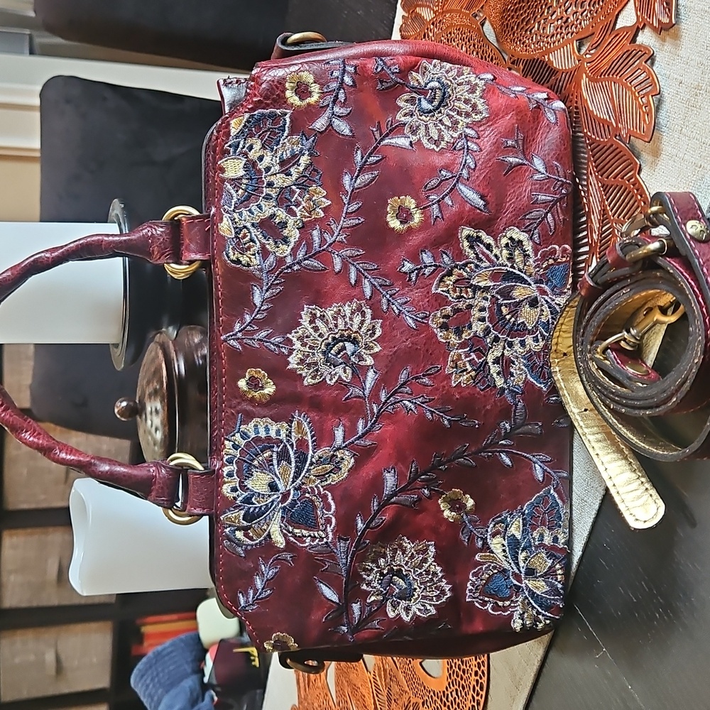 Patricia Nash Angelin Floral Embroidered Burgundy Handbag With Shoulder Strap.